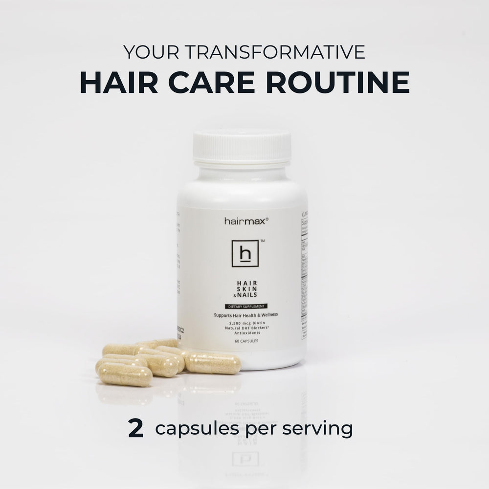 Hairmax niacin bottle highlights improved scalp circulation for follicles