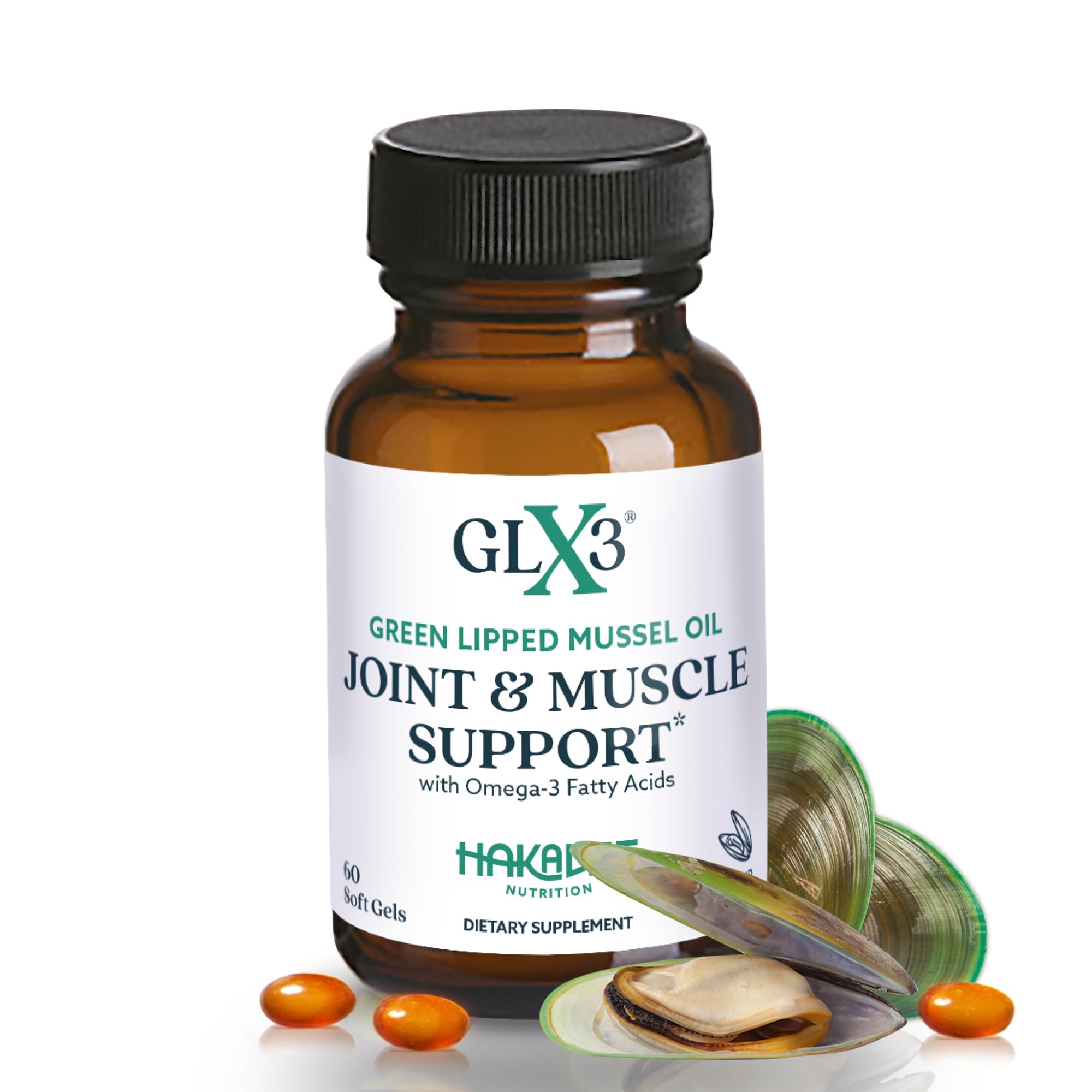 HAKA GLX3 bottle pouring shows premium omega-3 for joint support