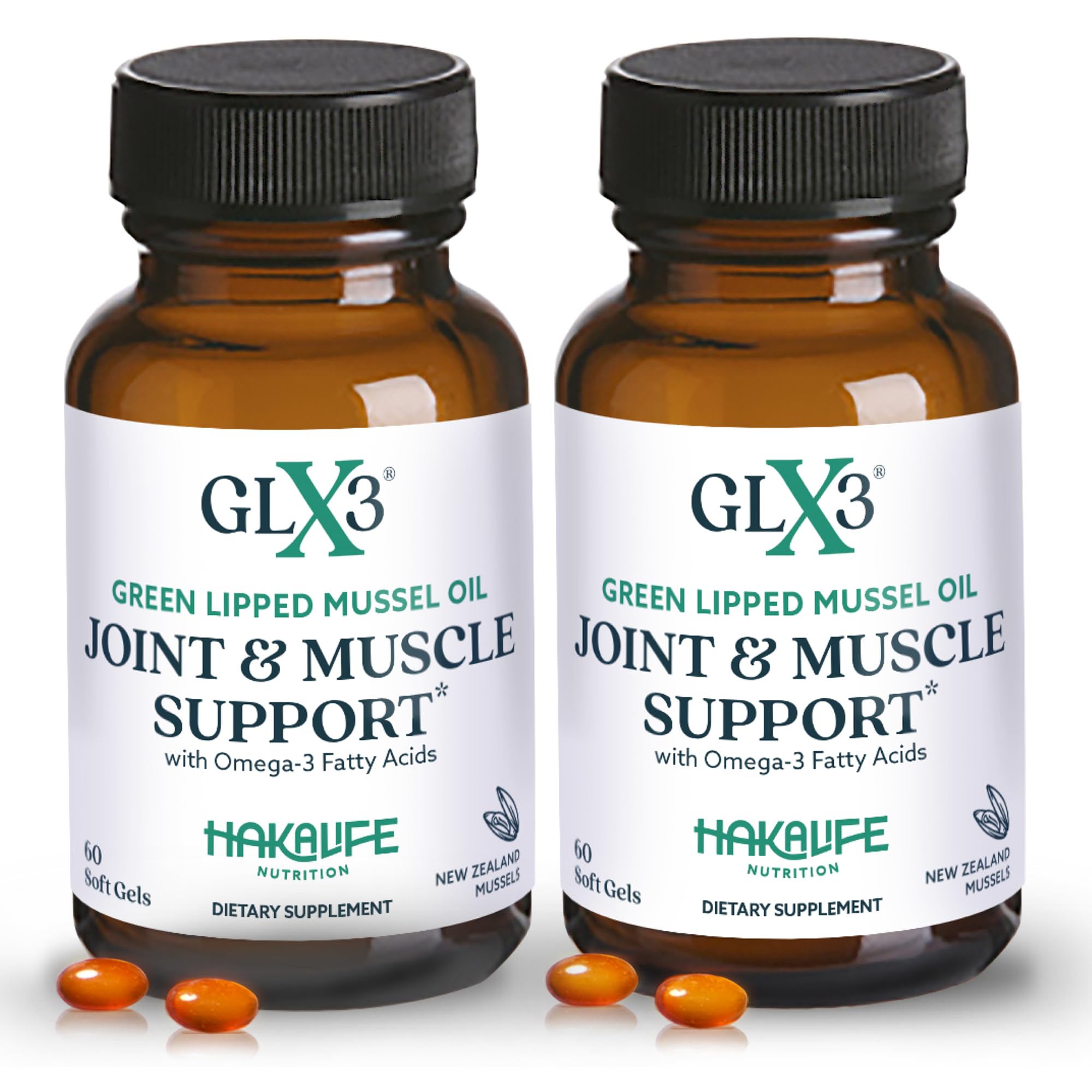 HAKA Life GLX3 joint-bottle pour shows easy-to-swallow capsules for mobility support.