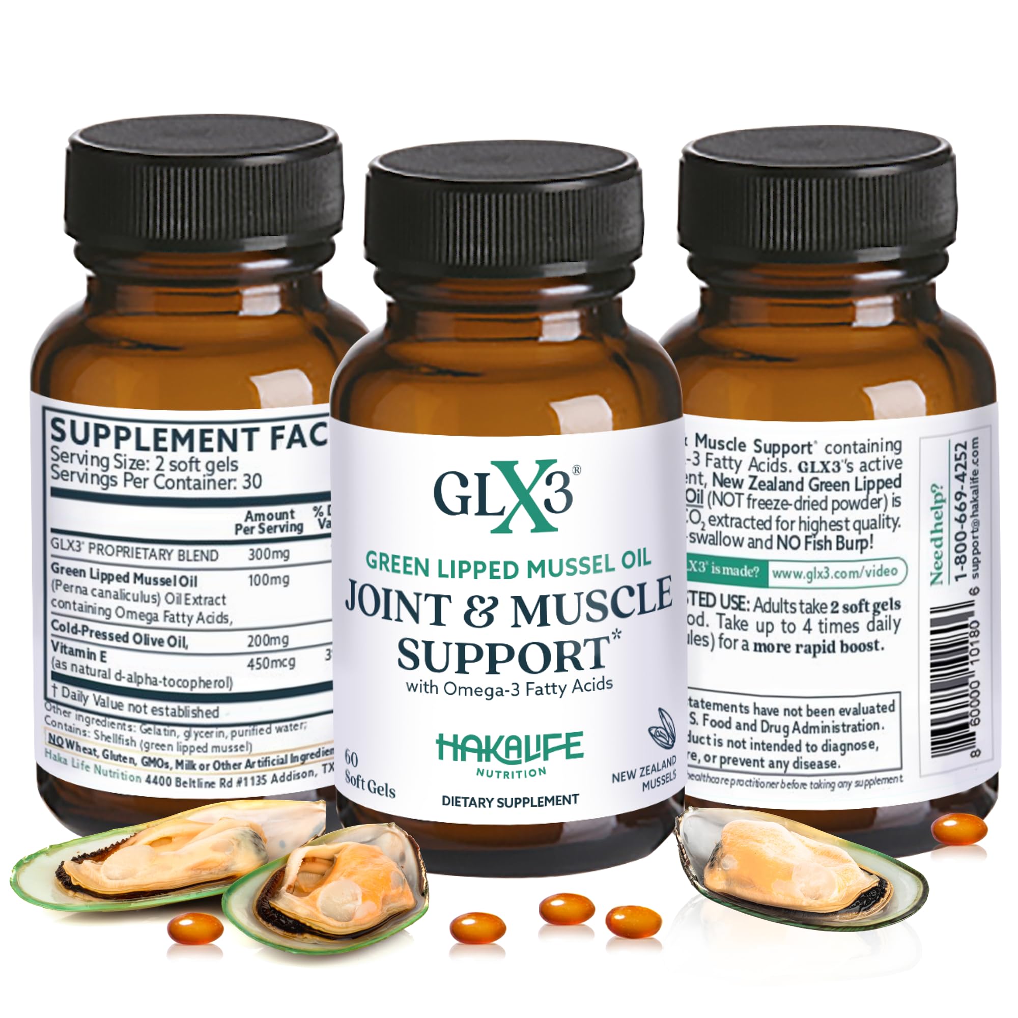 HAKA Life GLX3 bottle front shows omega-3 joint support