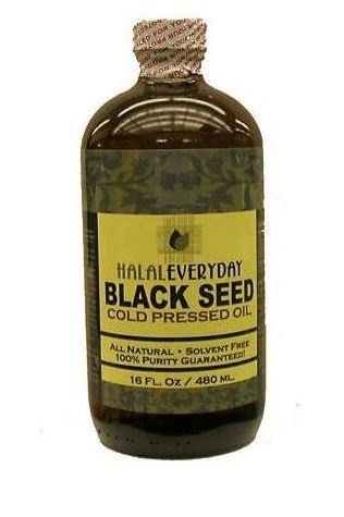 HalalEveryDay Black Seed Oil vegan and non-GMO icons support ethical sourcing.