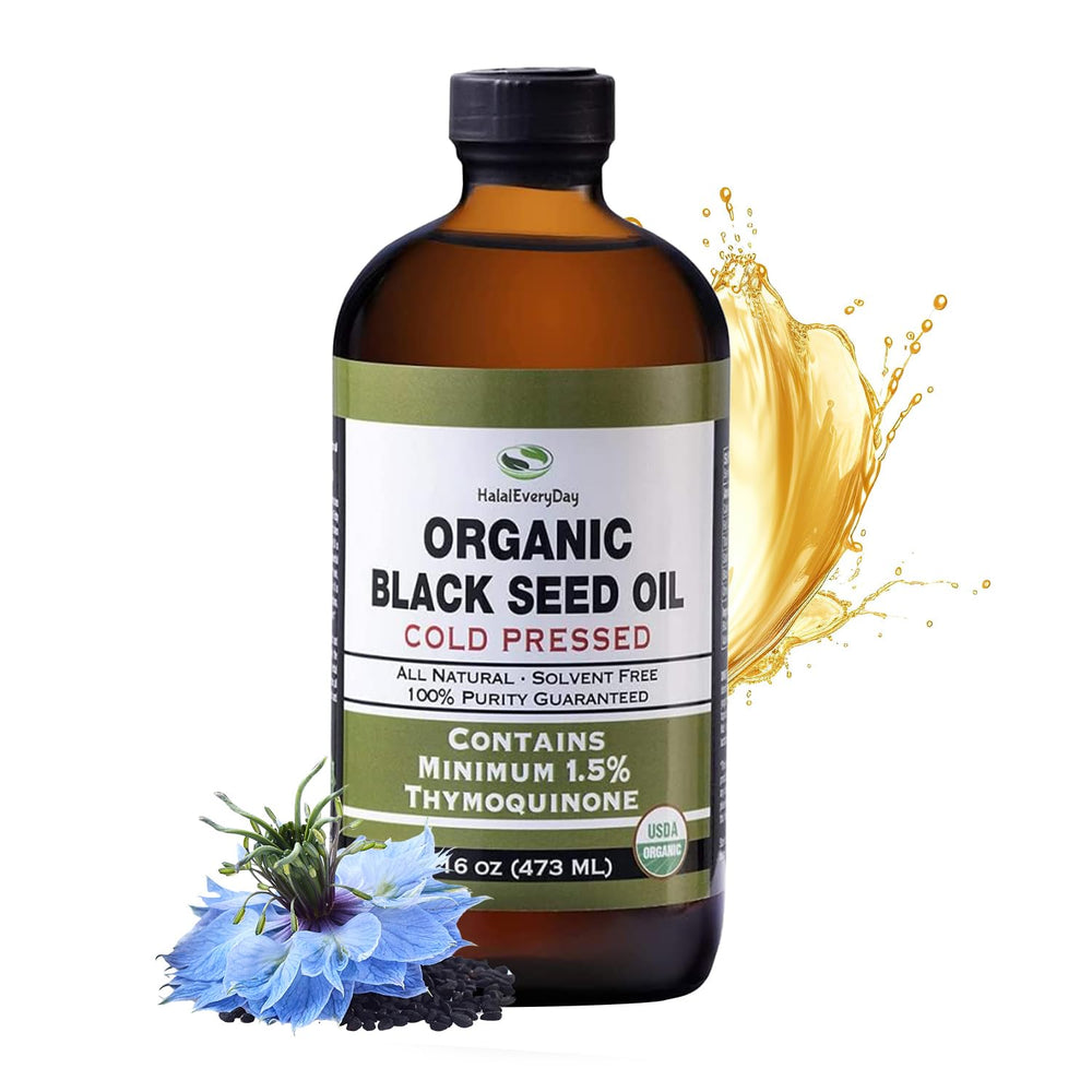 HalalEveryDay Organic Black Seed Oil bottle for skin hydration and hair care