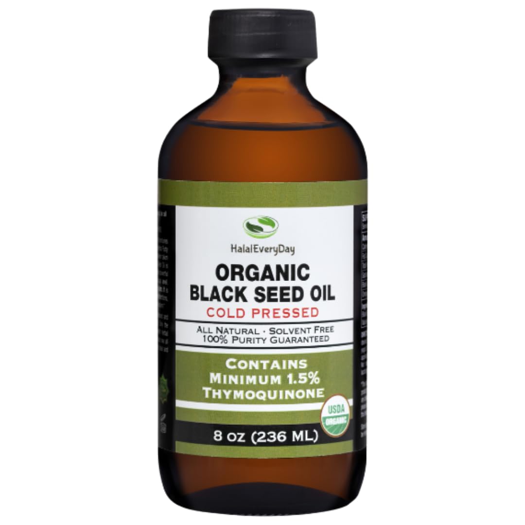 HalalEveryDay Organic Black Seed Oil bottle label signaling purity and quality.