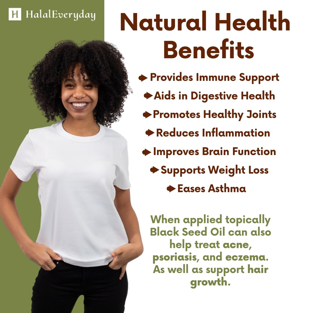 HalalEveryDay Organic Black Seed Oil close-up seeds reveal natural origin.