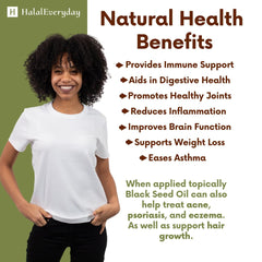 HalalEveryDay Organic Black Seed Oil close-up seeds reveal natural origin.