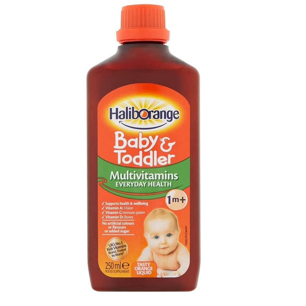 Haliborange Baby and Toddler Liquid 250ml bottle front shows orange flavour multivitamins for kids