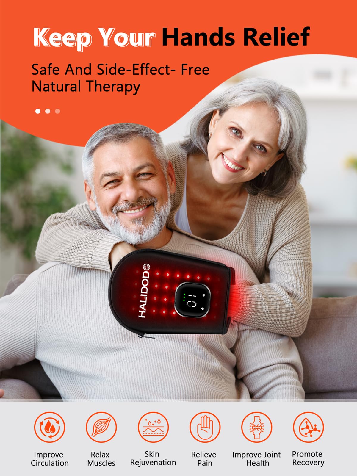 HALIDODO cordless red light glove LED coverage highlights full-hand therapy at home