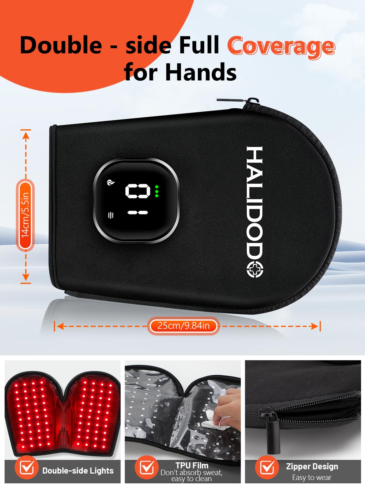 HALIDODO cordless red light glove zipper design enabling easy wear and cleaning