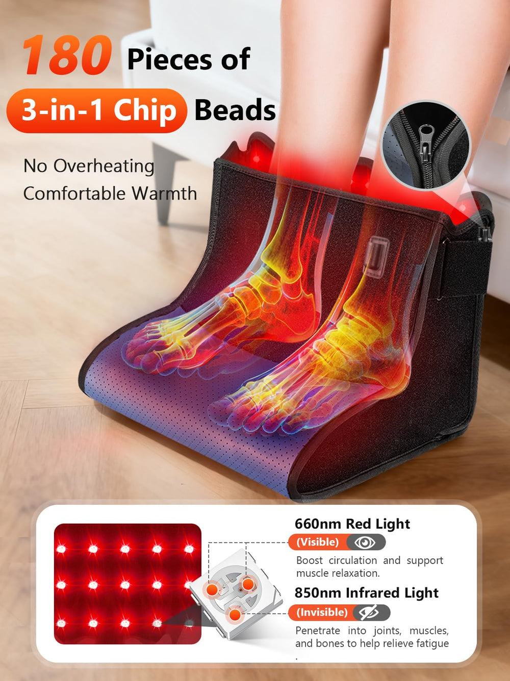 Close-up of dual-wavelength 660nm red and 850nm infrared chips for targeted foot therapy