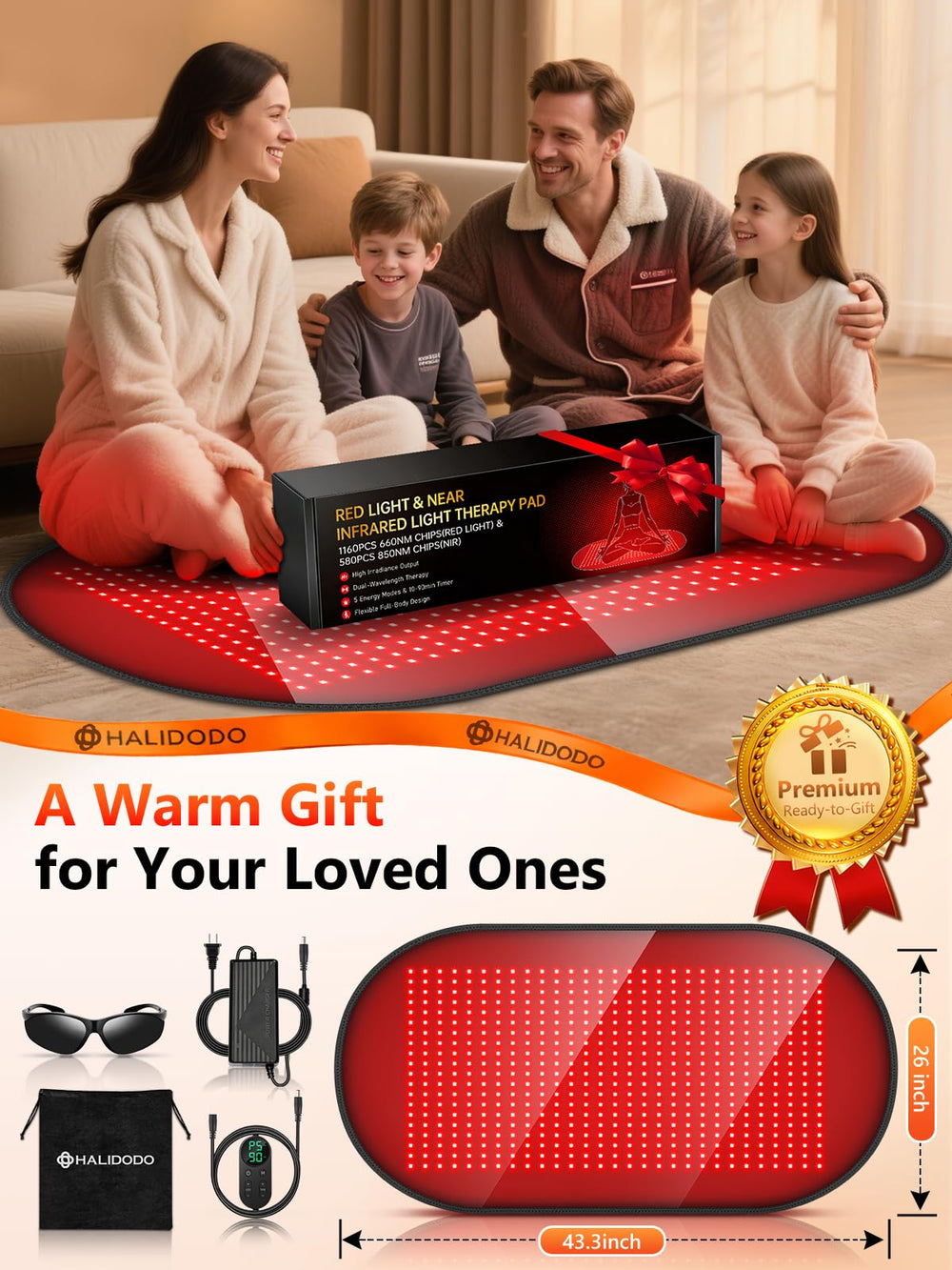 HALIDODO red light kit includes glasses, adapter, controller, bag, and manual.