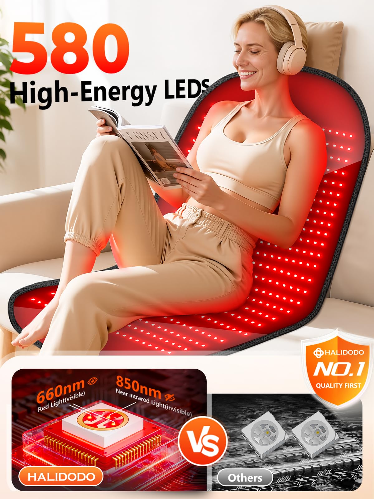HALIDODO red light therapy mat provides large-area coverage for whole-body sessions at home.