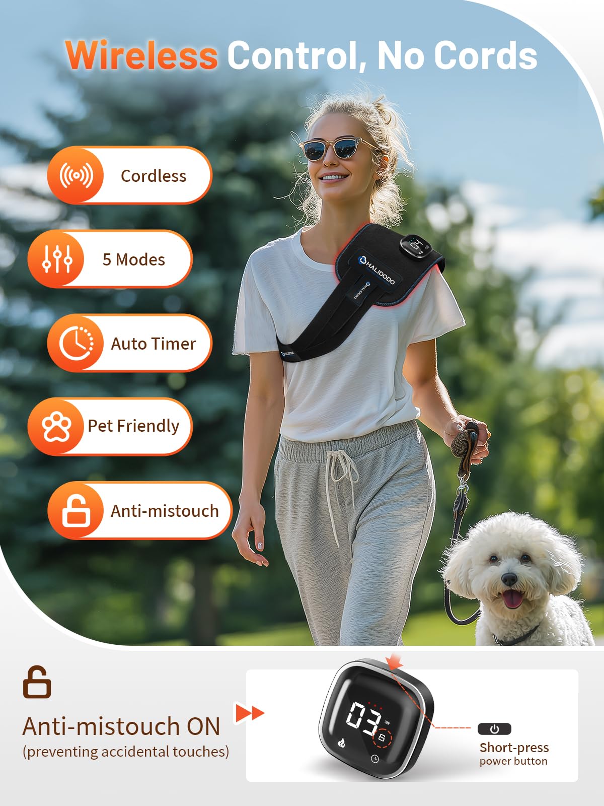 HALIDODO therapy pad with extended strap wrapped around body for comfort.
