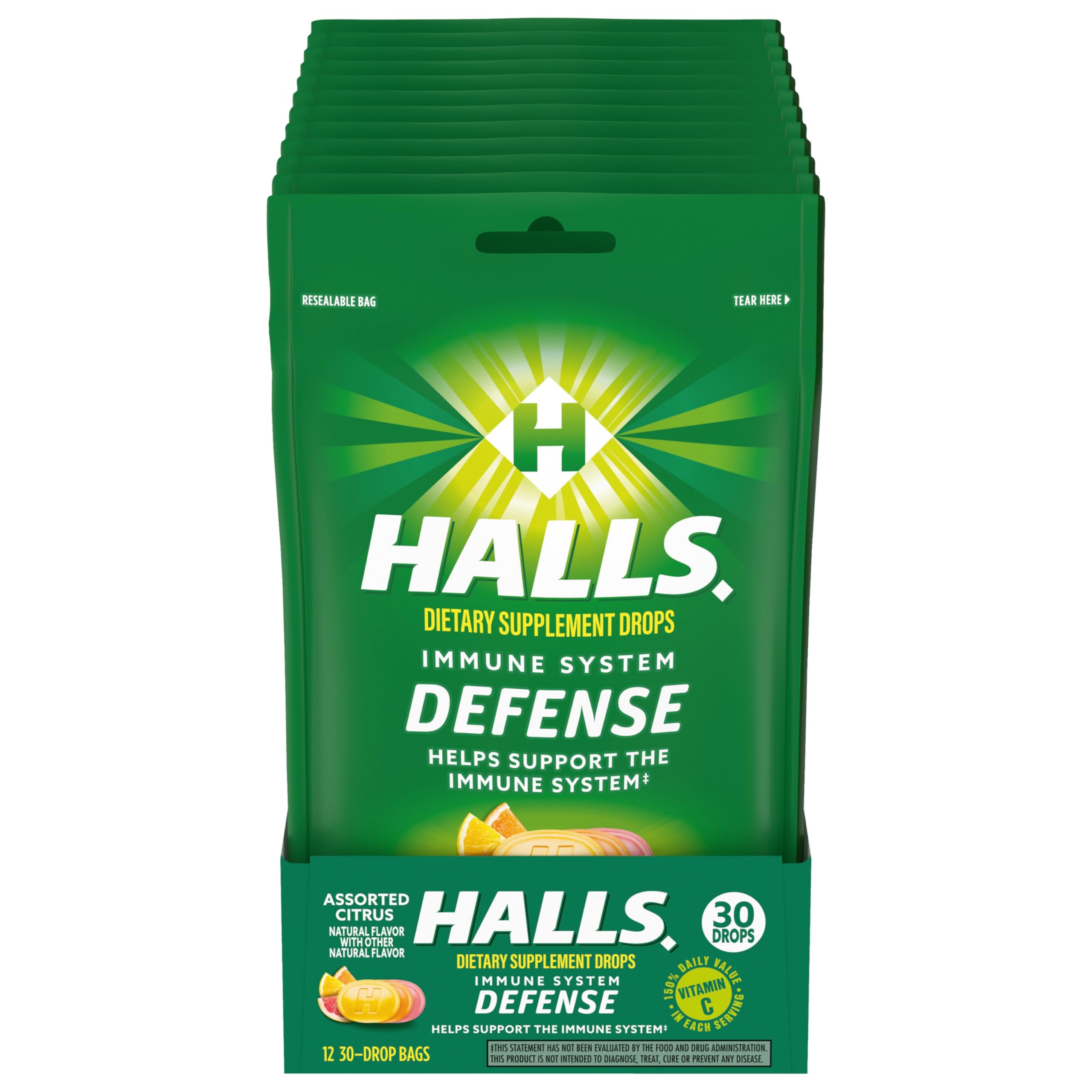 HALLS Defense citrus drops bags front for convenient vitamin C packaging