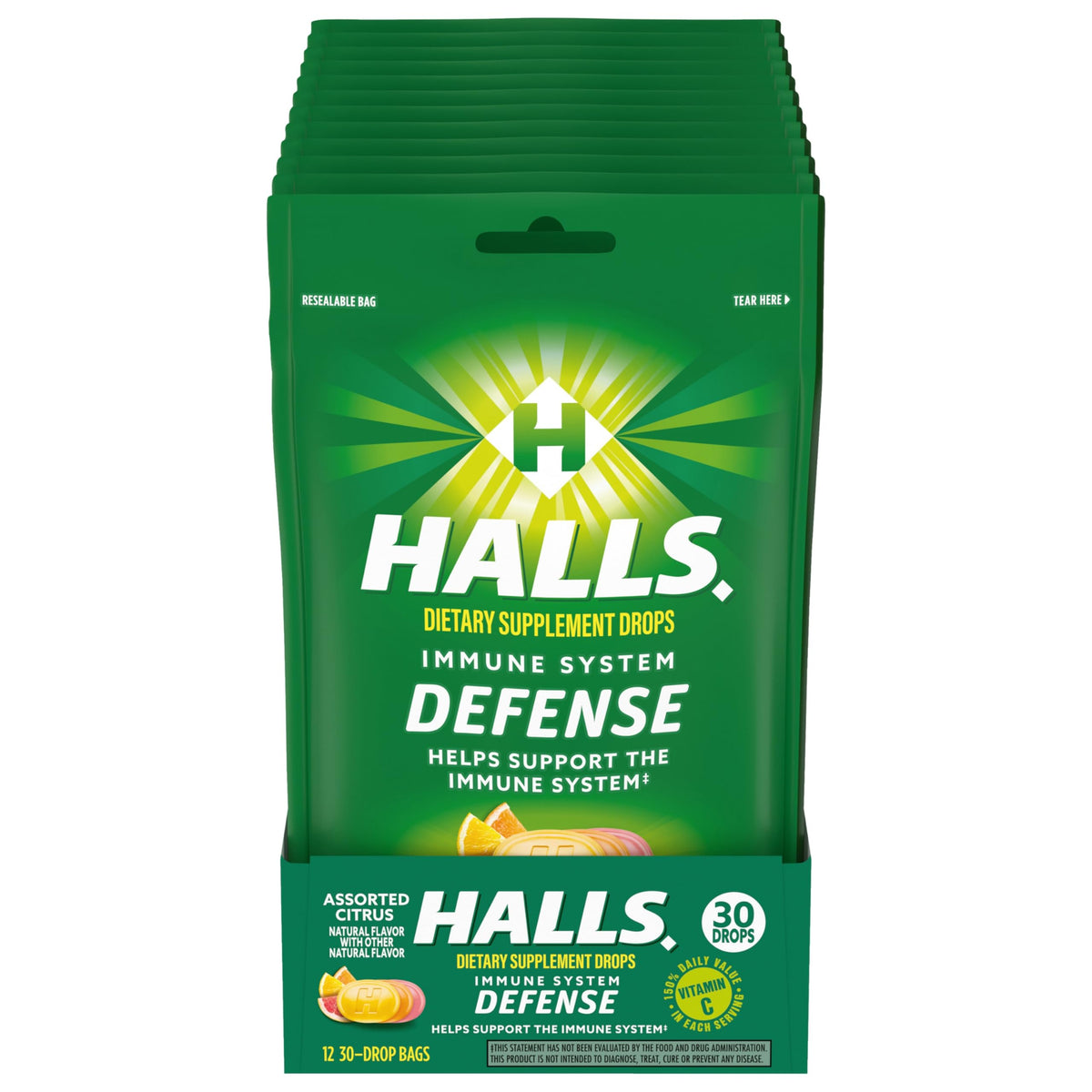 HALLS Defense citrus drops bags front for convenient vitamin C packaging