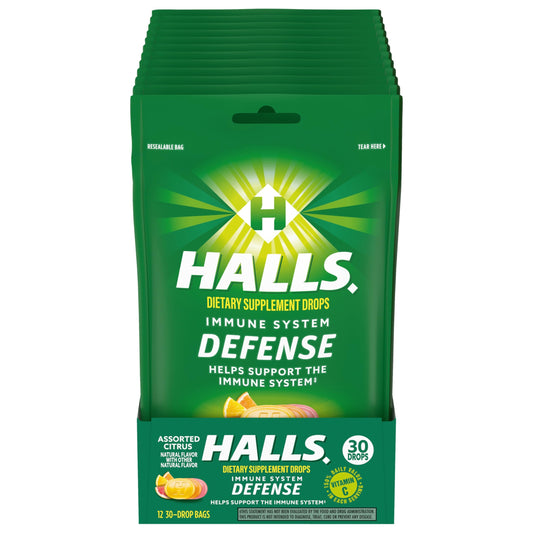 HALLS Defense citrus drops bags front for convenient vitamin C packaging