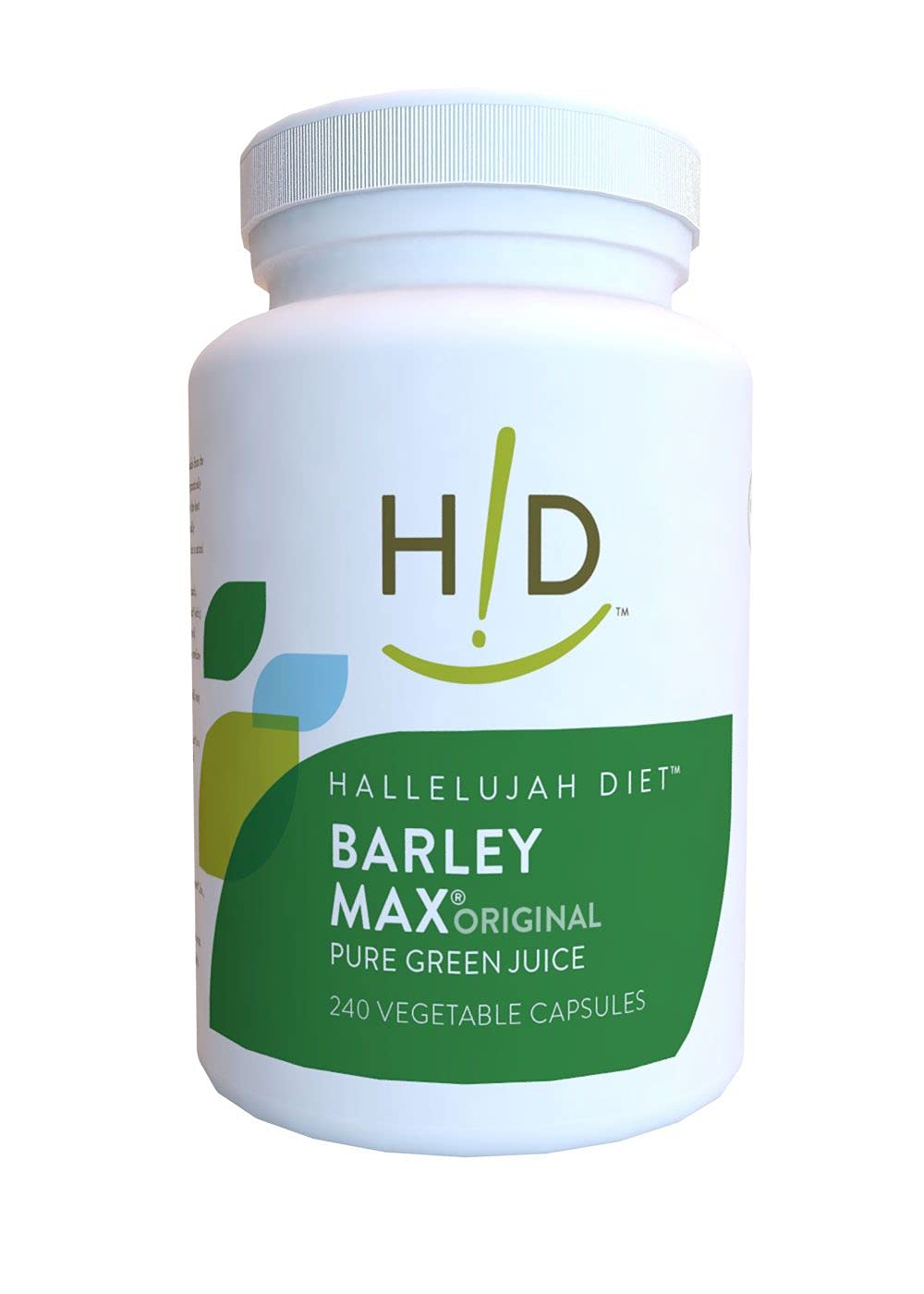The Hallelujah Diet BarleyMax capsules in a bottle support daily energy and detox potential.