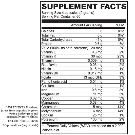 Closeup of Hallelujah Diet BarleyMax capsules emphasizing convenient daily supplementation for wellness.