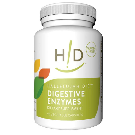 Hallelujah Diet Digestive Enzymes bottle showing plant-based capsules for better nutrient support