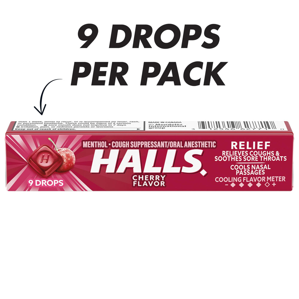 HALLS cherry drops in hand highlighting portable throat relief