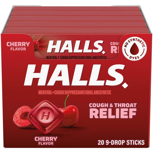 HALLS cherry cough drops packaging for on-the-go relief