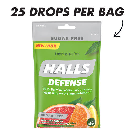 HALLS Defense citrus drops open bag showing resealable pack for on-the-go use.