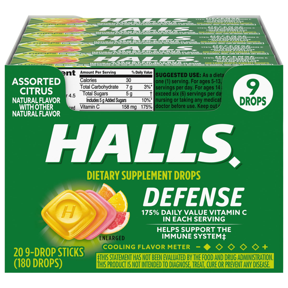 HALLS Defense box front view with citrus drops for on the go