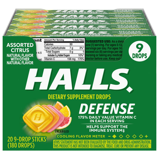 HALLS Defense box front view with citrus drops for on the go
