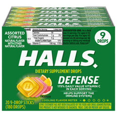 HALLS Defense box front view with citrus drops for on the go