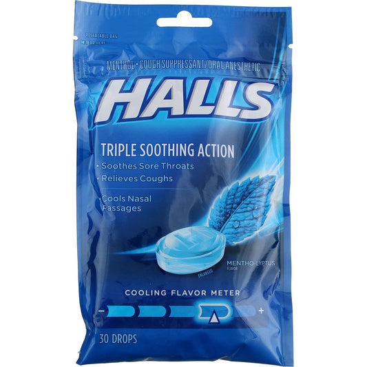 Halls Mentho-Lyptus drops pack six front view for fresh lozenges