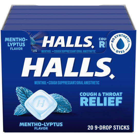 HALLS Mentho-Lyptus drops pack; pocket-friendly for mobile throat relief.