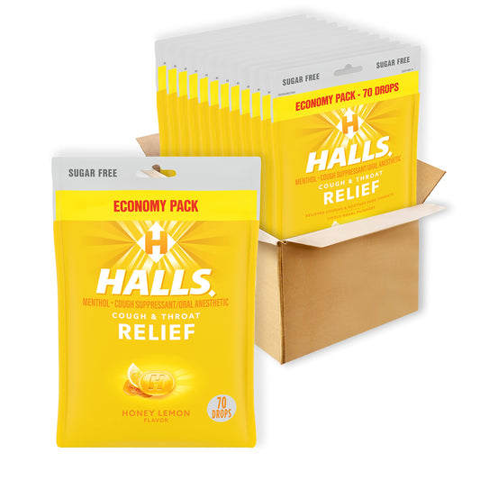 HALLS Relief honey lemon cough drops in a jar for on-the-go relief