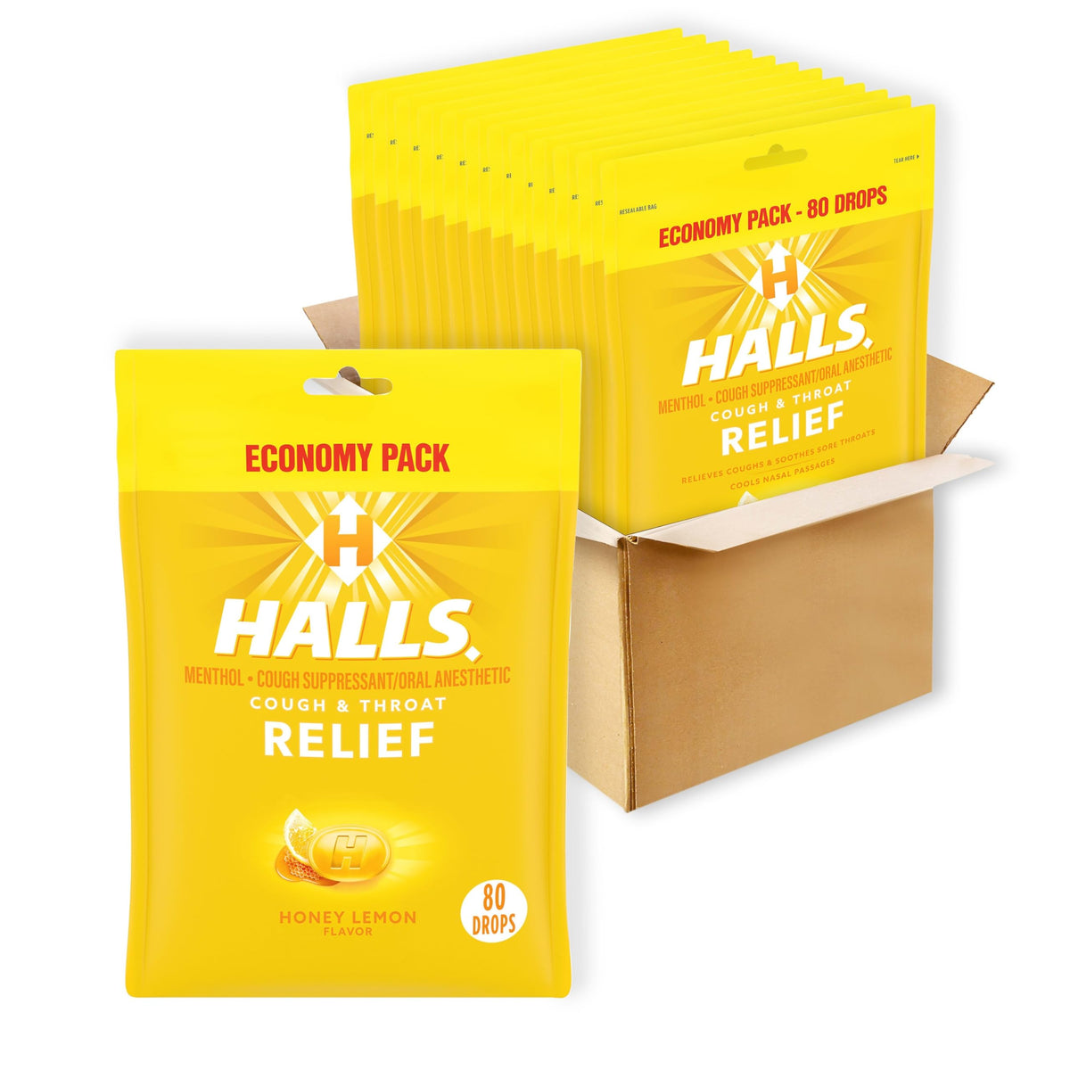 HALLS Relief Honey Lemon cough drops in a 960-pack image for travel and daily use.
