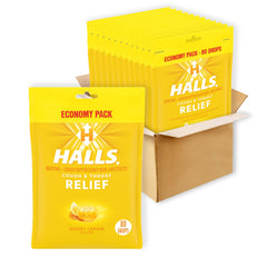 HALLS Relief Honey Lemon cough drops in a 960-pack image for travel and daily use.