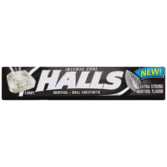 HALLS Relief Max Strength throat drops exterior package for quick sore throat relief on the go.