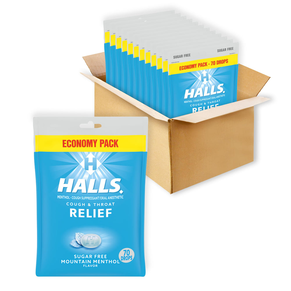 HALLS Relief Mountain menthol drops in a resealable bag for on-the-go cough relief.
