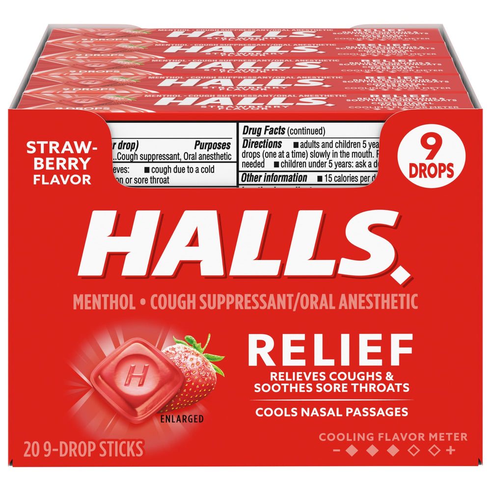 HALLS Relief Strawberry Cough Drops pack with 180 drops for on the go relief