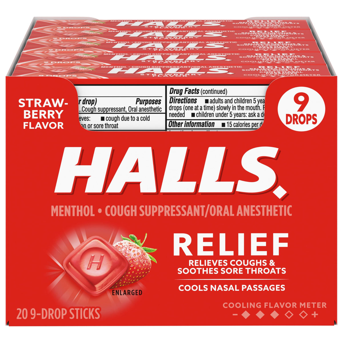 HALLS Relief Strawberry Cough Drops pack with 180 drops for on the go relief