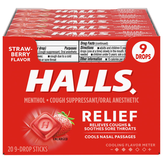HALLS Relief Strawberry Cough Drops pack with 180 drops for on the go relief