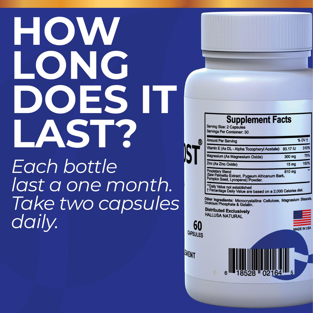 Hallusa Natural energy support bottle label highlighting daily energy benefits