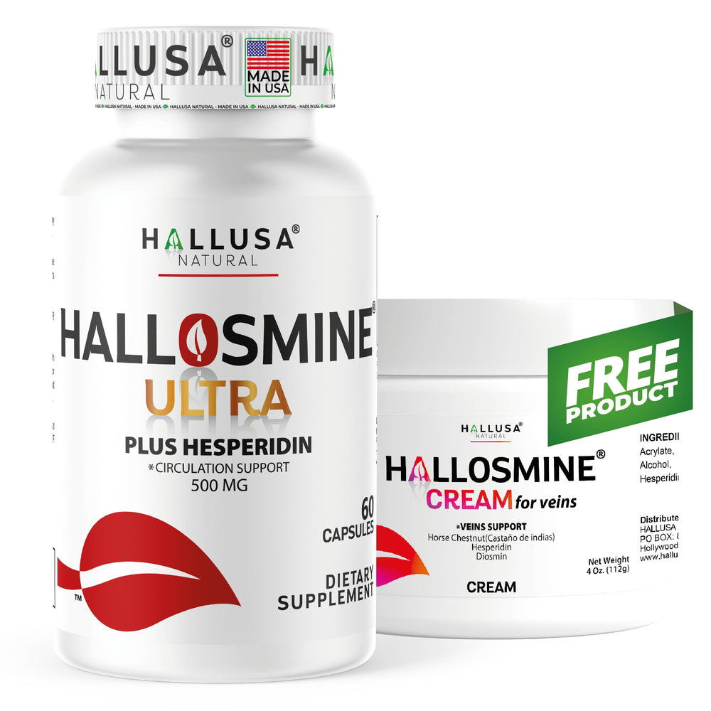 Hallusa Natural Hallosmine bottle front view, easy daily capsules for routine vein support.