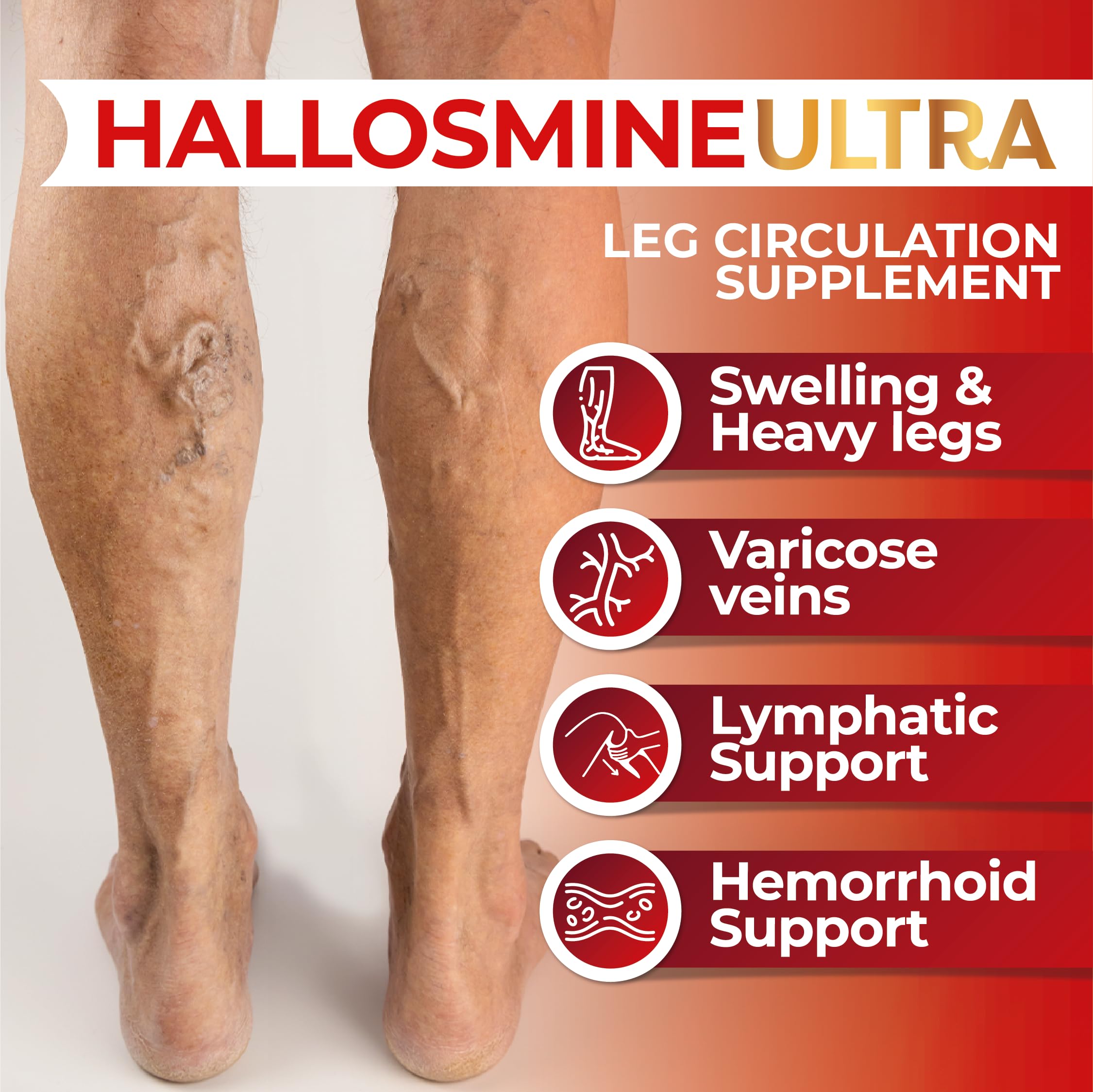 Closeup of Hallusa Natural Hallosmine capsules, showing the 500 mg diosmin and 150 mg hesperidin content.