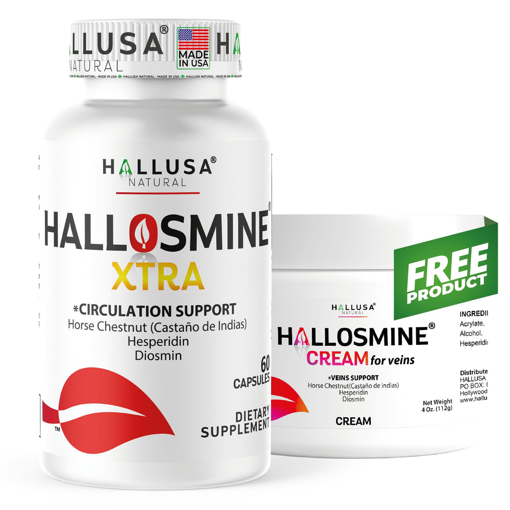 Hallusa Natural Hallosmine Xtra bottle front view highlighting high-potency diosmin for leg circulation