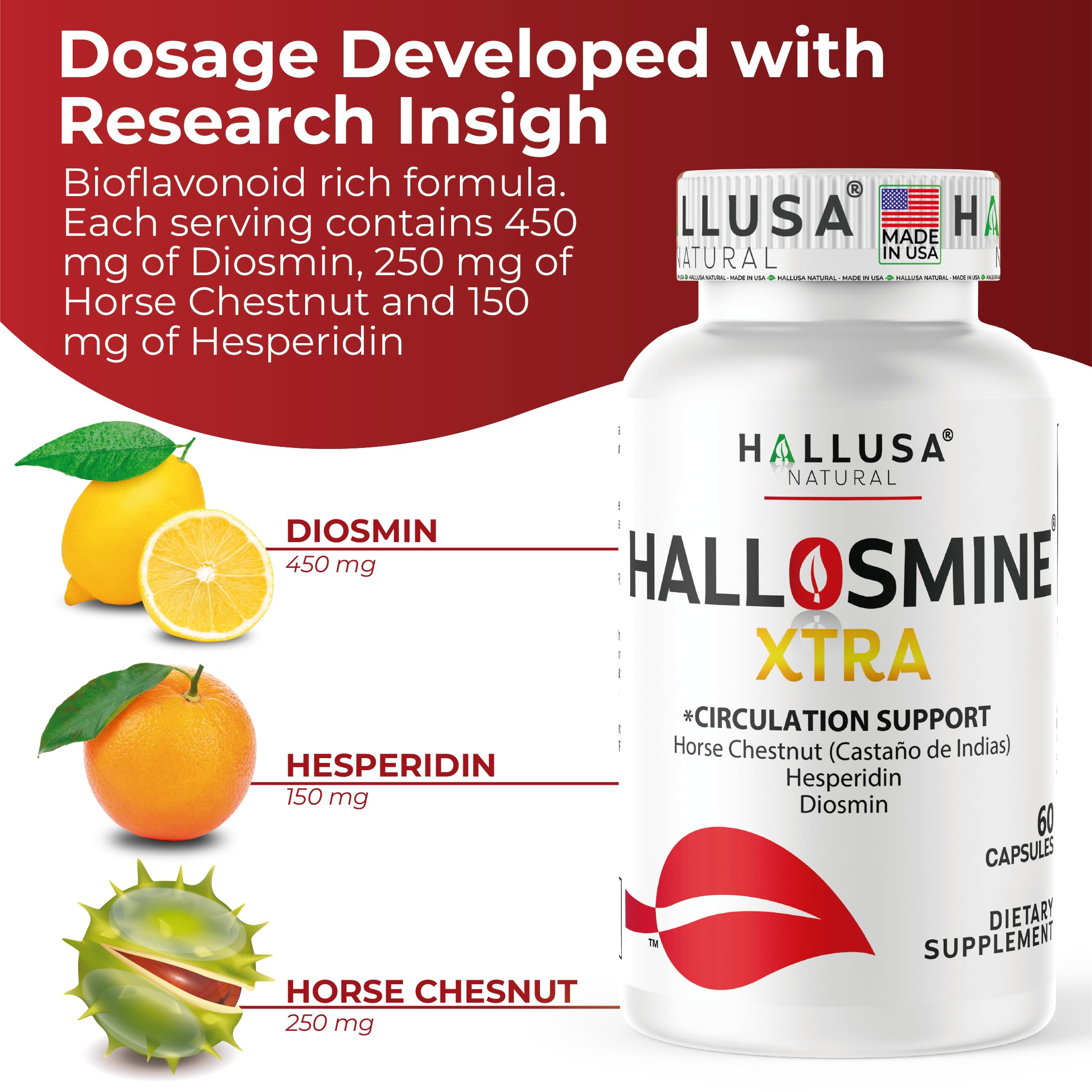 Hallusa Natural Hallosmine Xtra diosmin capsule label close-up emphasizing vascular tone benefits