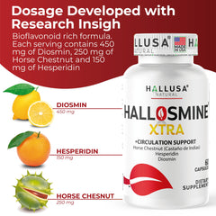 Hallusa Natural Hallosmine Xtra diosmin capsule label close-up emphasizing vascular tone benefits
