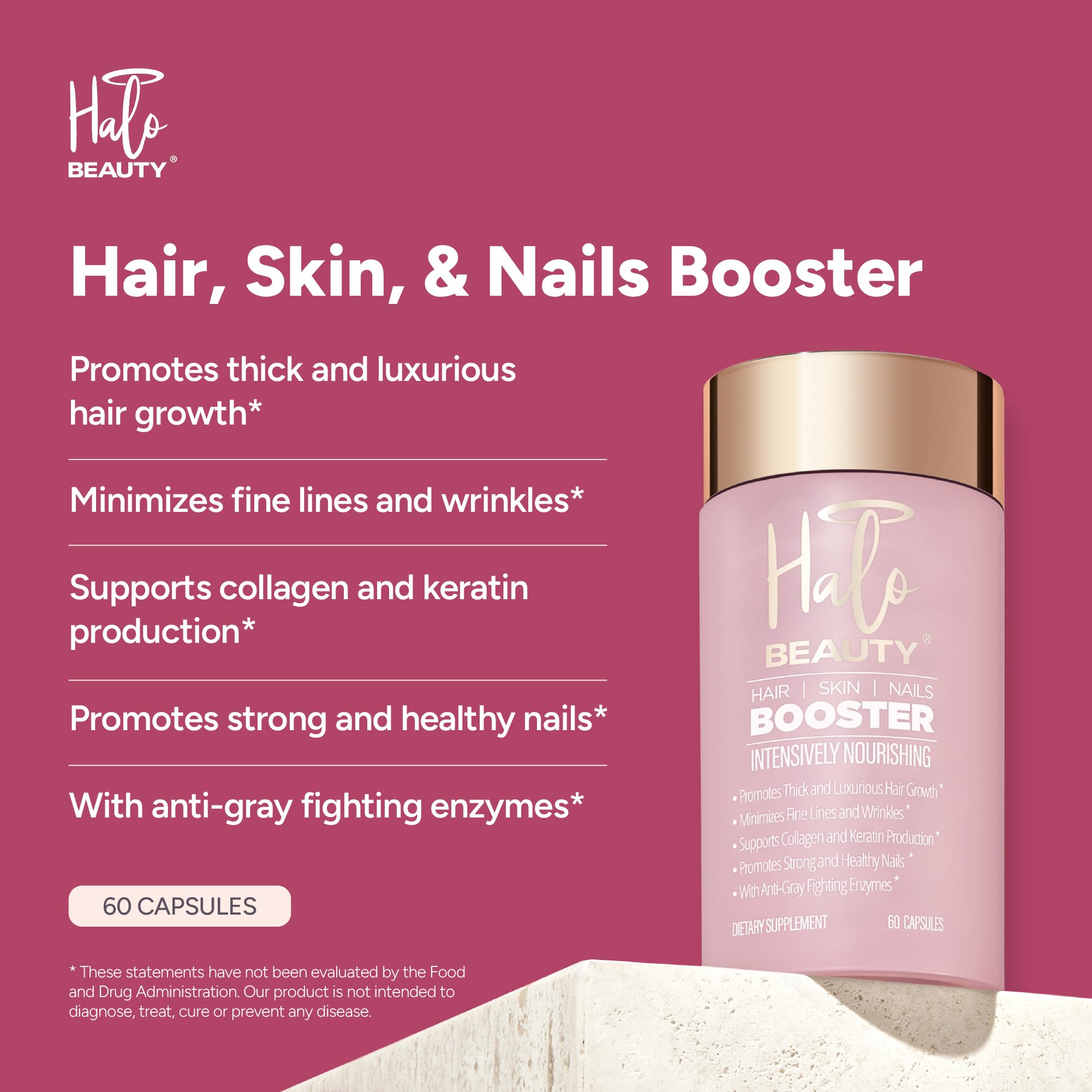 Halo Beauty capsules close-up highlighting vegan formula for clean wellness