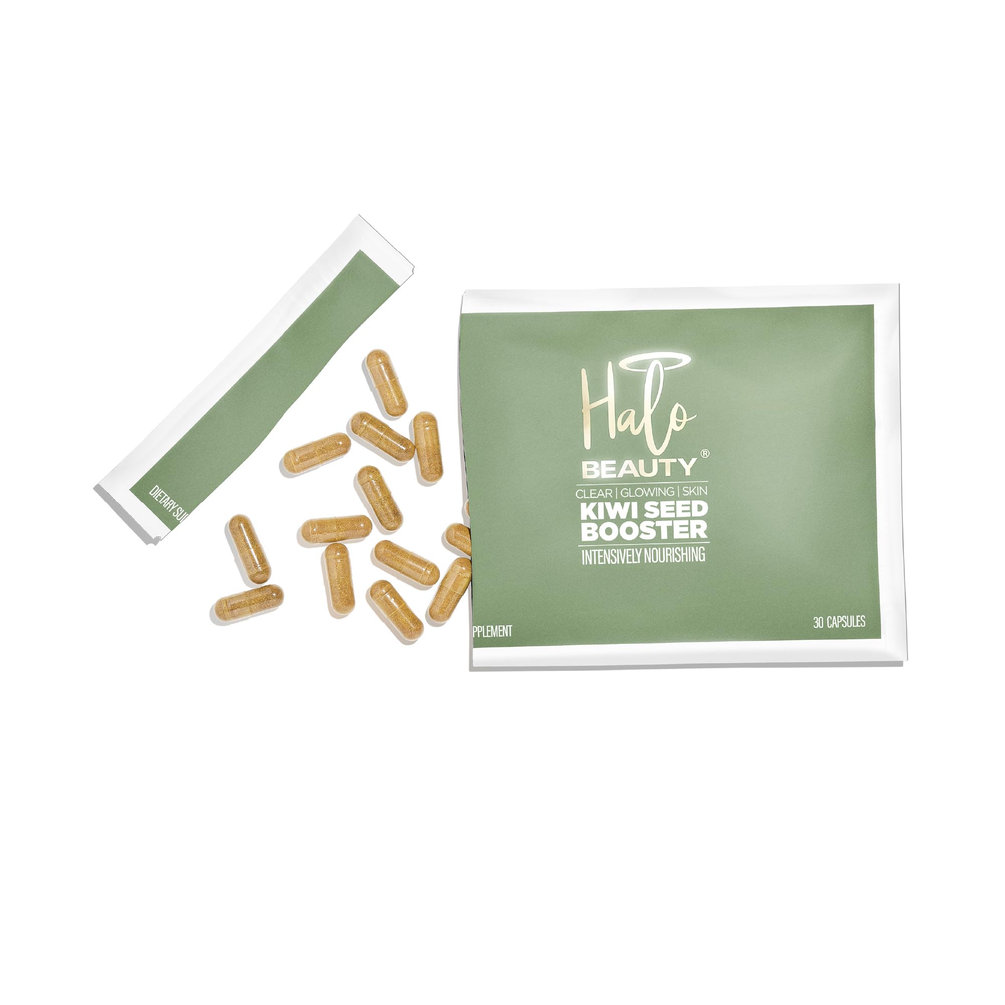 Halo Beauty Kiwi Seed Booster bottle with capsules for daily hydration and glow.