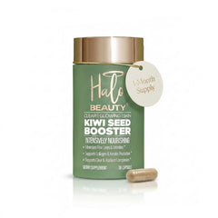 Halo Beauty Kiwi Seed Booster bottle showcases vegan capsules for daily hydration support
