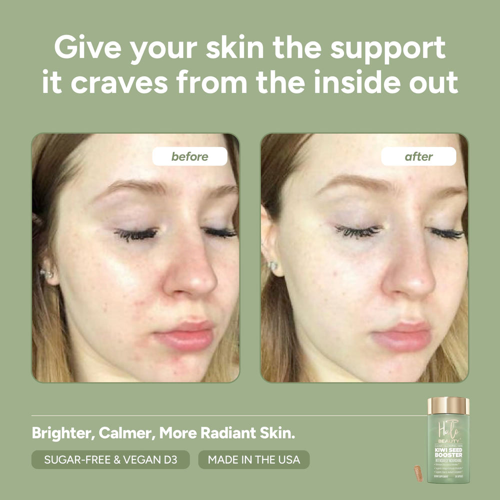 Halo Beauty Kiwi Seed Booster daily-dose bottle on vanity