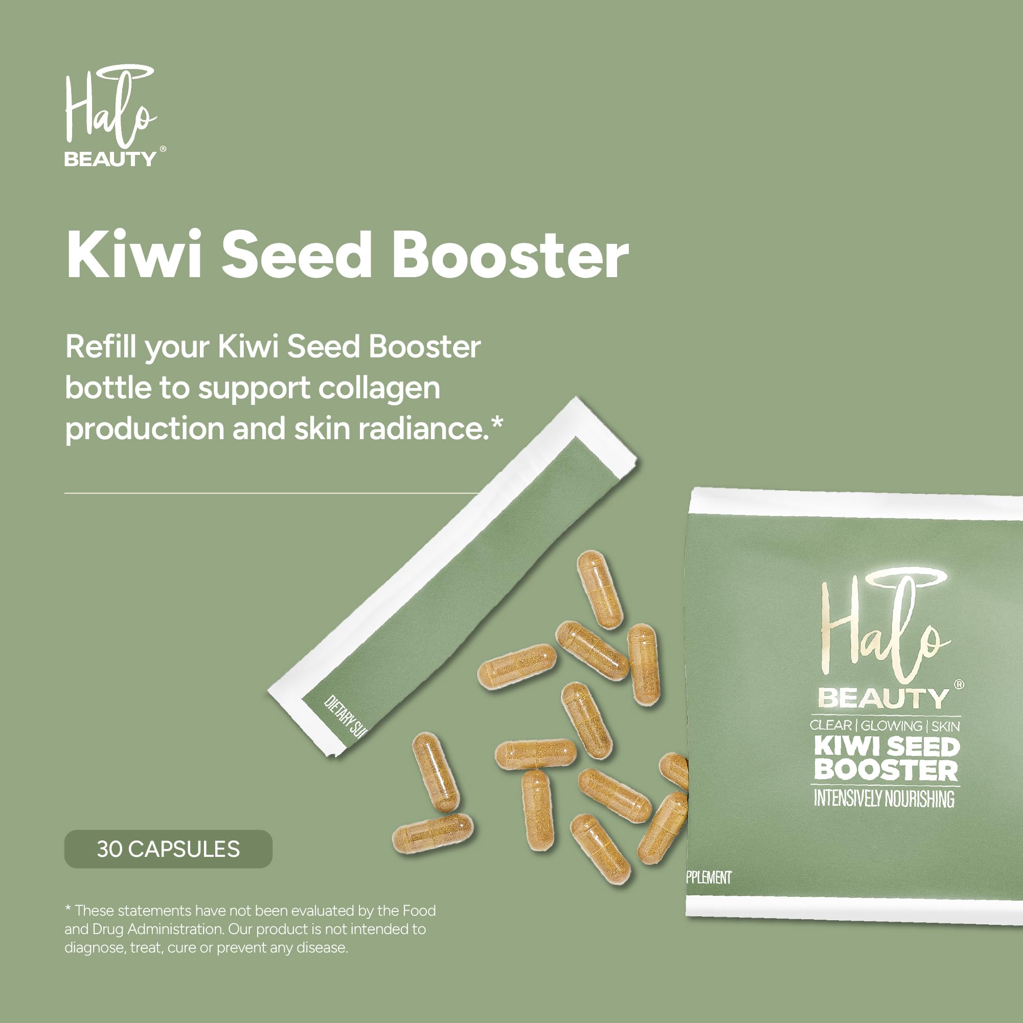 Halo Beauty Kiwi Seed Booster label shows kiwi seed extract for skin vitality.