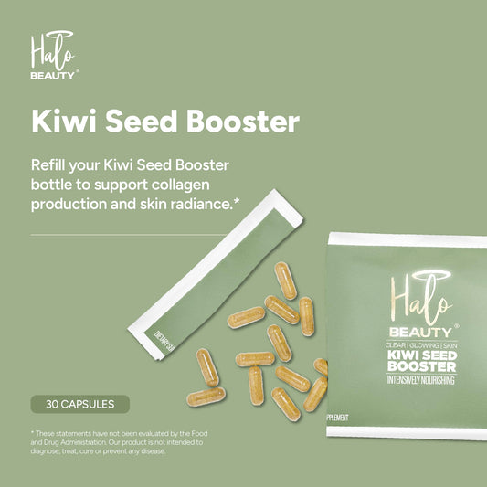Halo Beauty Kiwi Seed Booster label shows kiwi seed extract for skin vitality.